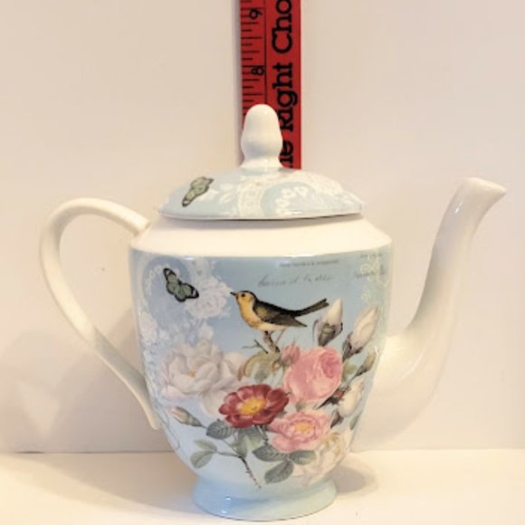 Stechcol Gracie Tea Pot with Roses, Butterflies, and a Bird in Blue - Picture 2 of 7